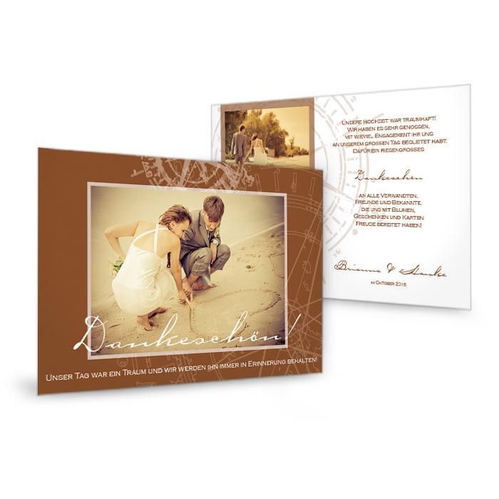 Maritime Danksagung zur Hochzeit als Postkarte in Braun